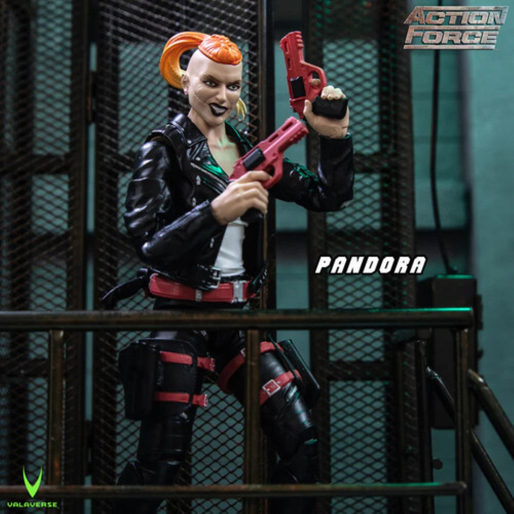 Action Force Pandora action figure with red hair holding two pink guns in an industrial setting