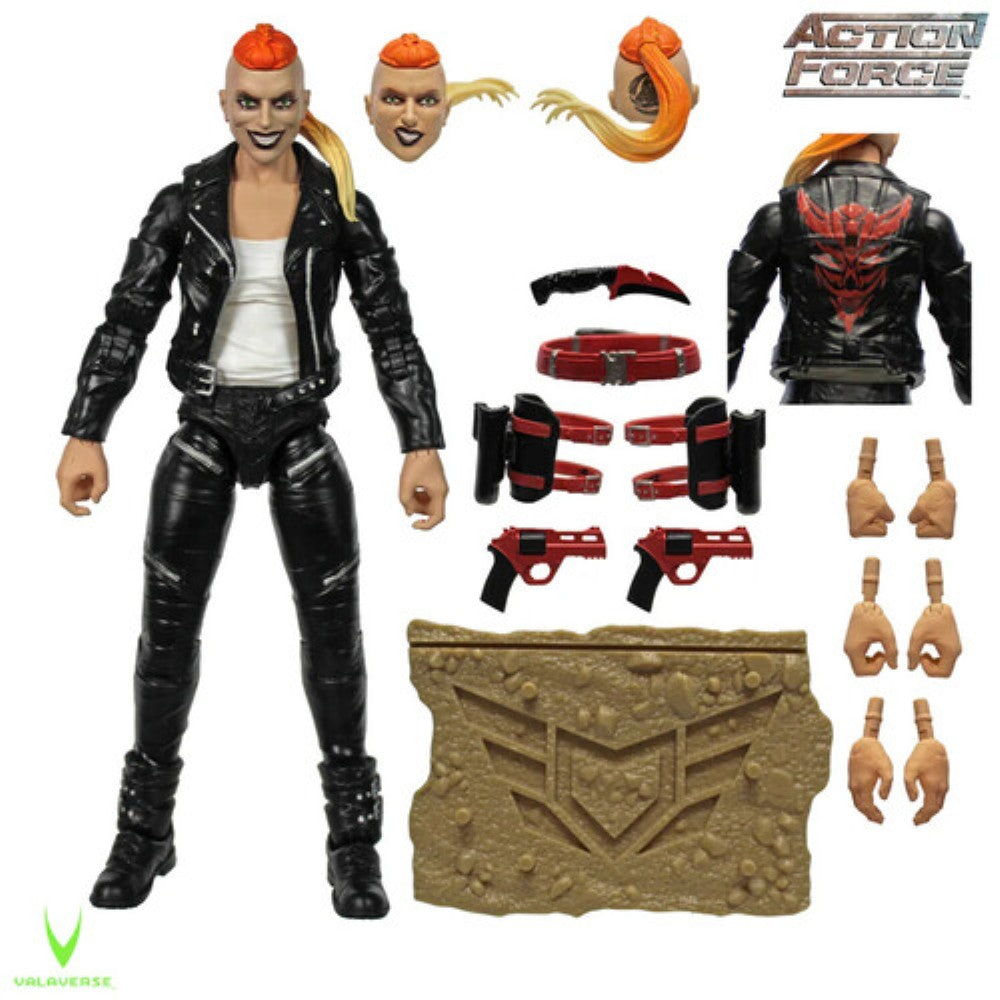 Action Force figure with interchangeable heads, black outfit, weapons, belts, hands, and a stone textured shield