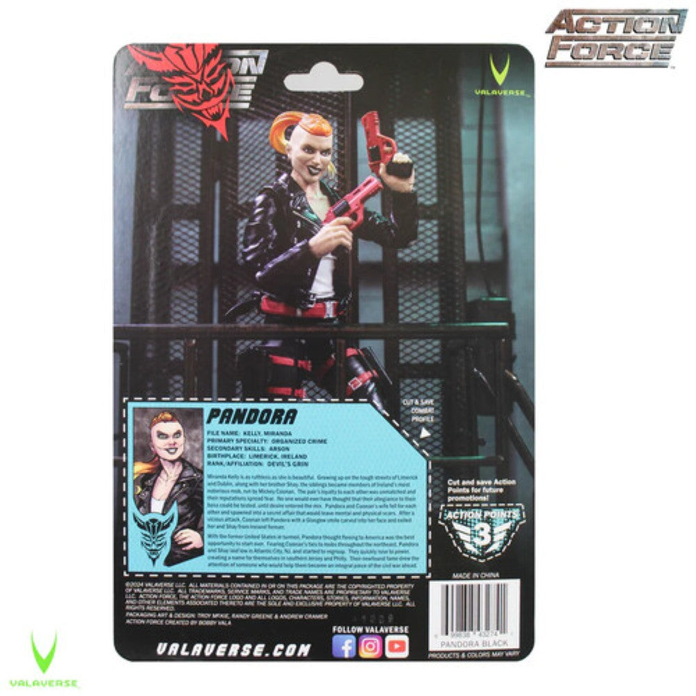 Action Force packaging back featuring a red-haired female character, text panels, barcode, and Valaverse logos