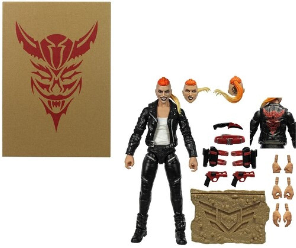 Female action figure in black outfit with alternate heads, hands, weapons, and display accessories