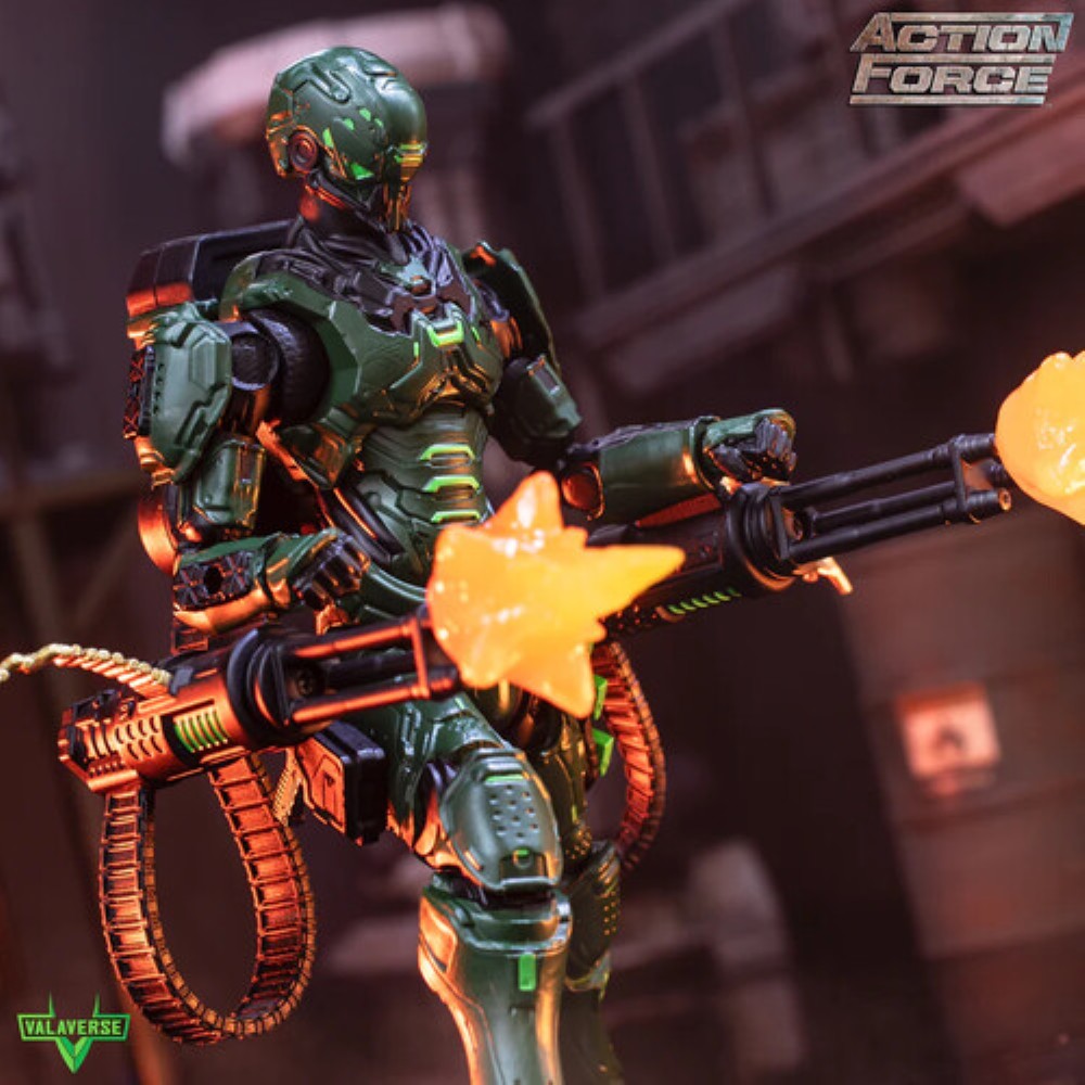Action Force armored sci fi figure wielding a large blaster with glowing muzzle flashes