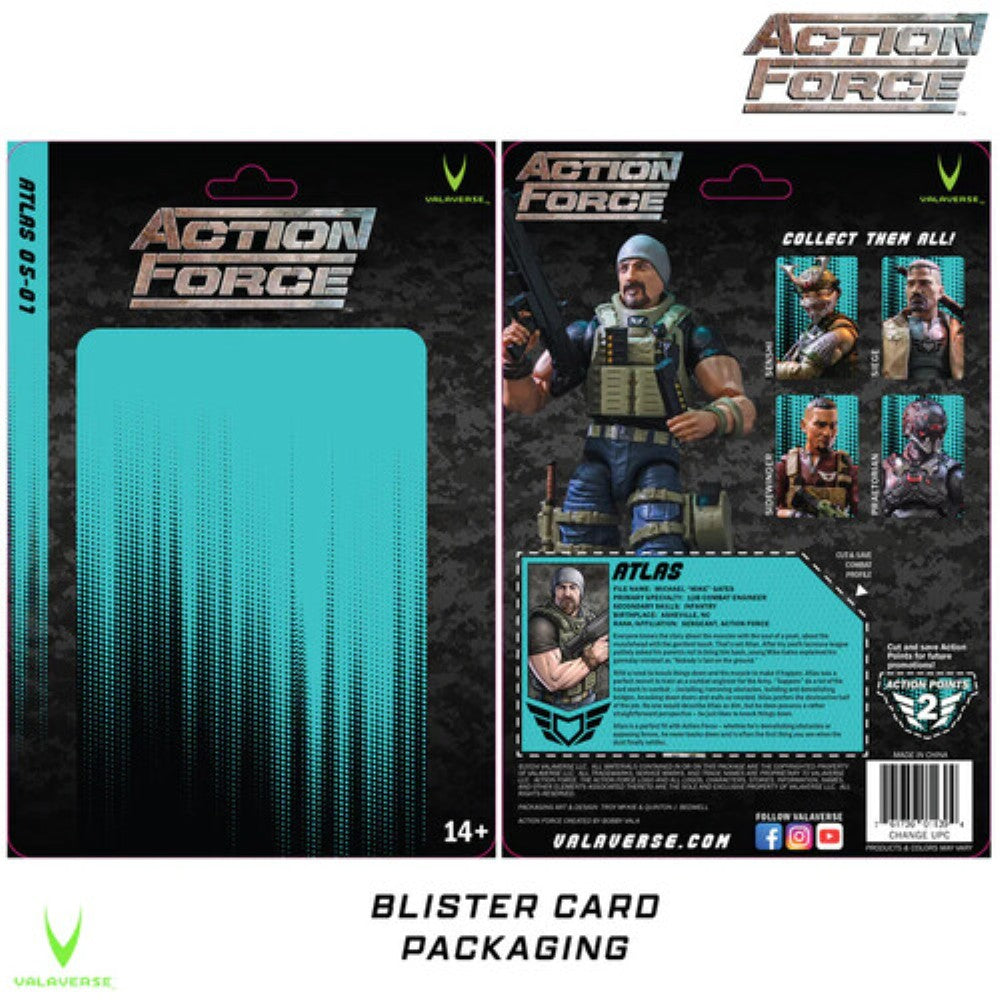 Action Force Atlas blister card packaging front and back with character artwork and collectible figure lineup