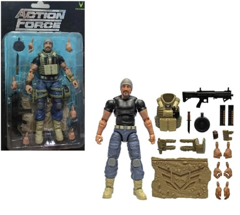 Action Force military action figure with interchangeable hands, weapons, tactical gear, and accessory case