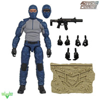 Blue masked action figure with rifle, alternate heads, extra hands, and a textured tan shield accessory