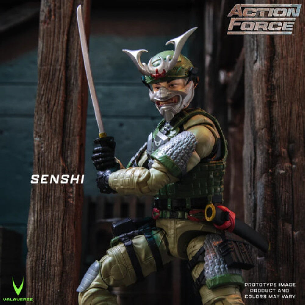 Armored samurai character named Senshi holding a sword, with Action Force and Valaverse logos