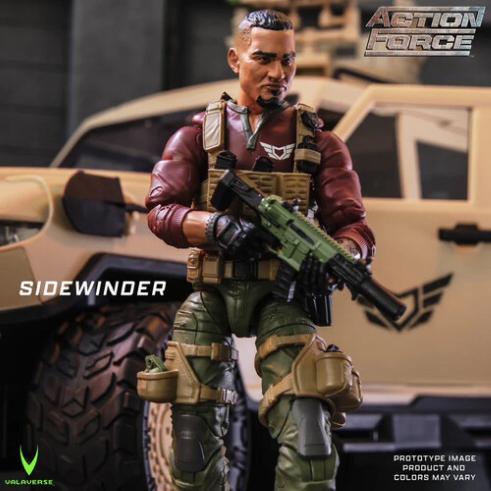 Action figure in tactical gear holding a green rifle beside a tan armored vehicle