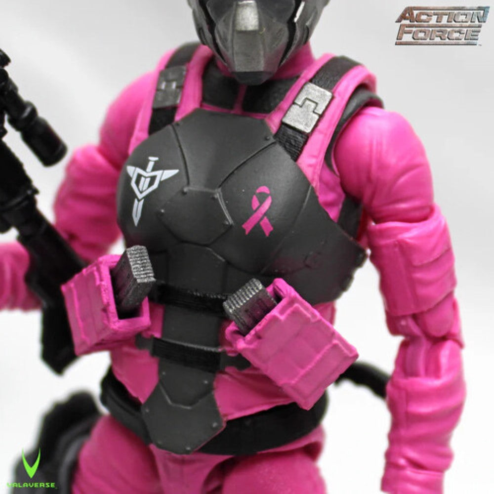 Pink and black armored action figure with utility pouches and a pink ribbon emblem