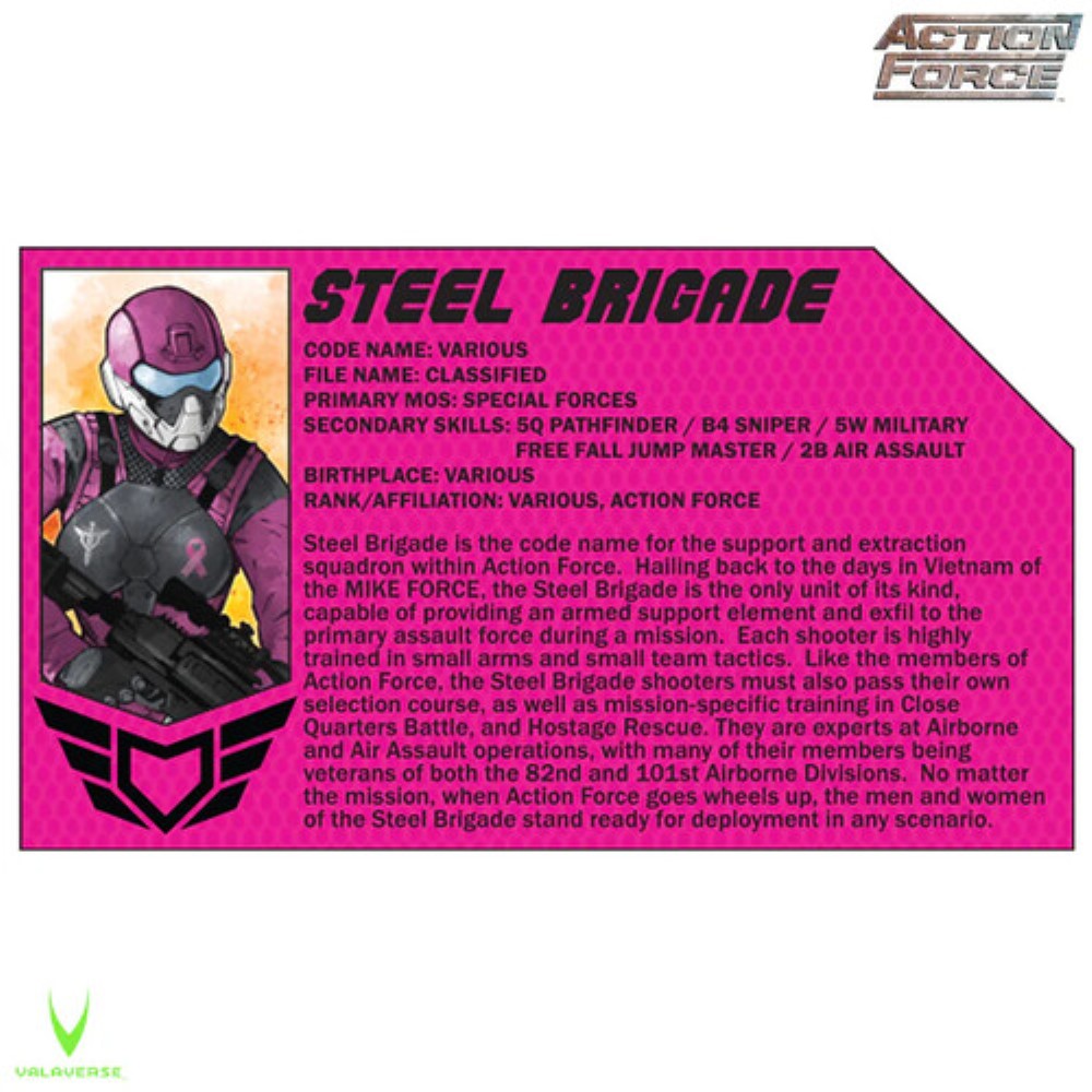 Action Force Steel Brigade character card with armored soldier and detailed profile text