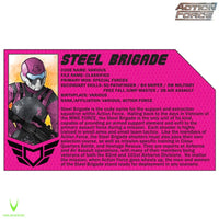 Action Force Steel Brigade character card with armored soldier and detailed profile text