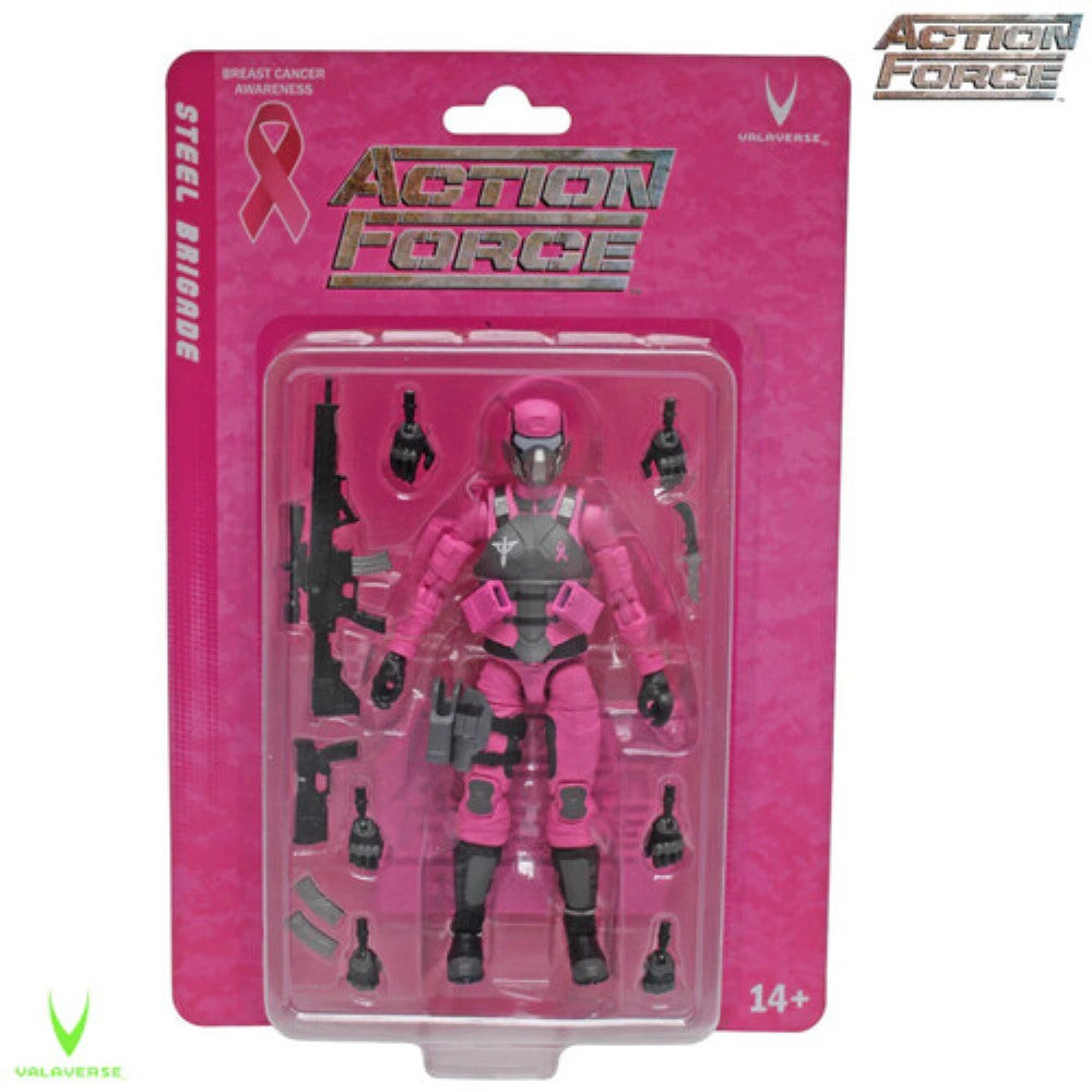 Pink armored action figure with accessories in blister packaging and a breast cancer awareness ribbon emblem