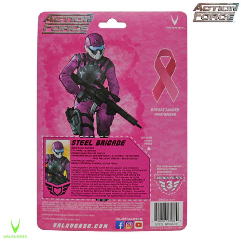 Action Force Steel Brigade cardback featuring an armored soldier and pink breast cancer awareness ribbon