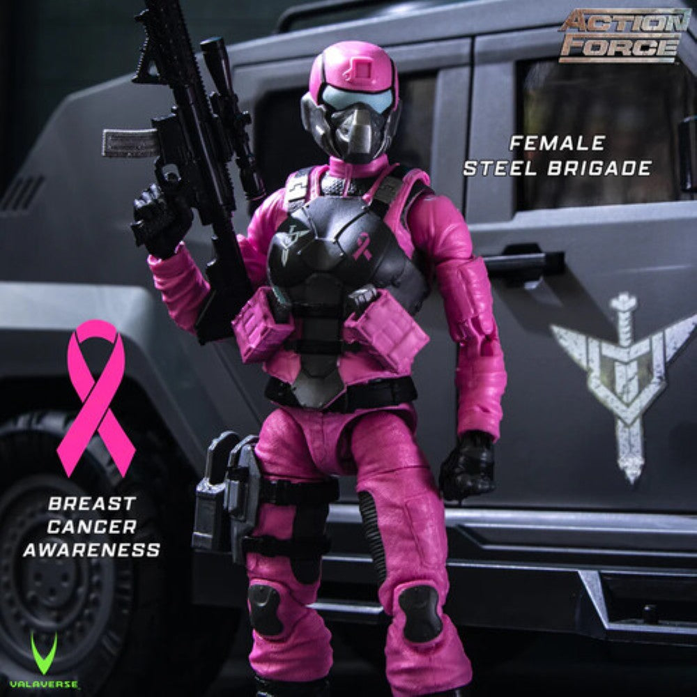 Pink armored action figure holding a rifle beside a vehicle with a breast cancer awareness ribbon