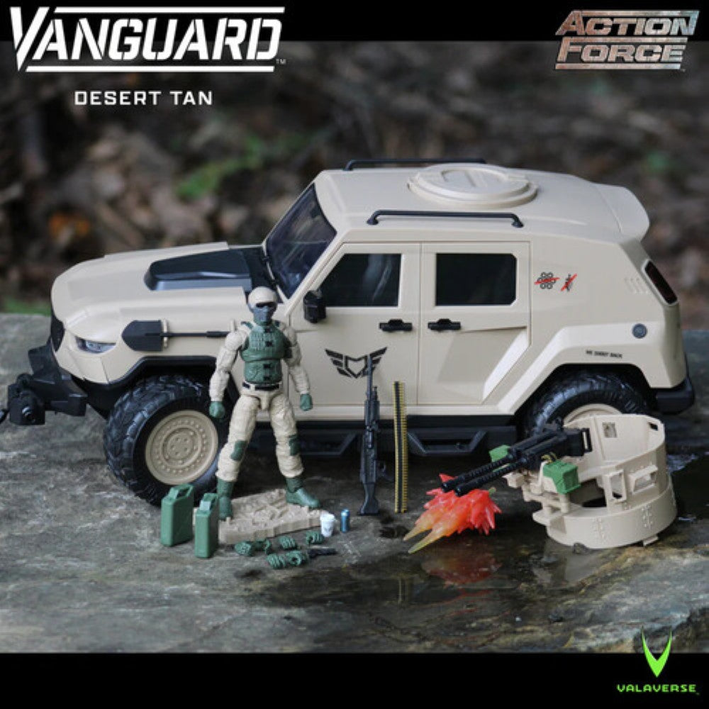 Desert tan armored toy vehicle with two action figures, accessories, and Vanguard and Action Force logos