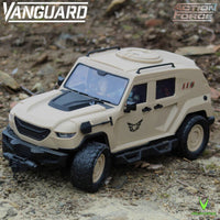 Cream Action Force off-road toy vehicle with Vanguard branding on rocky ground