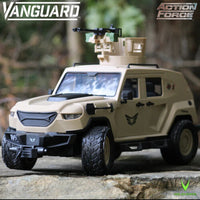 Tan military style vehicle with a roof mounted gun and visible Vanguard and Action Force logos