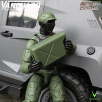 Green armored action figure holding a shield beside a vehicle, with Vanguard and Action Force logos