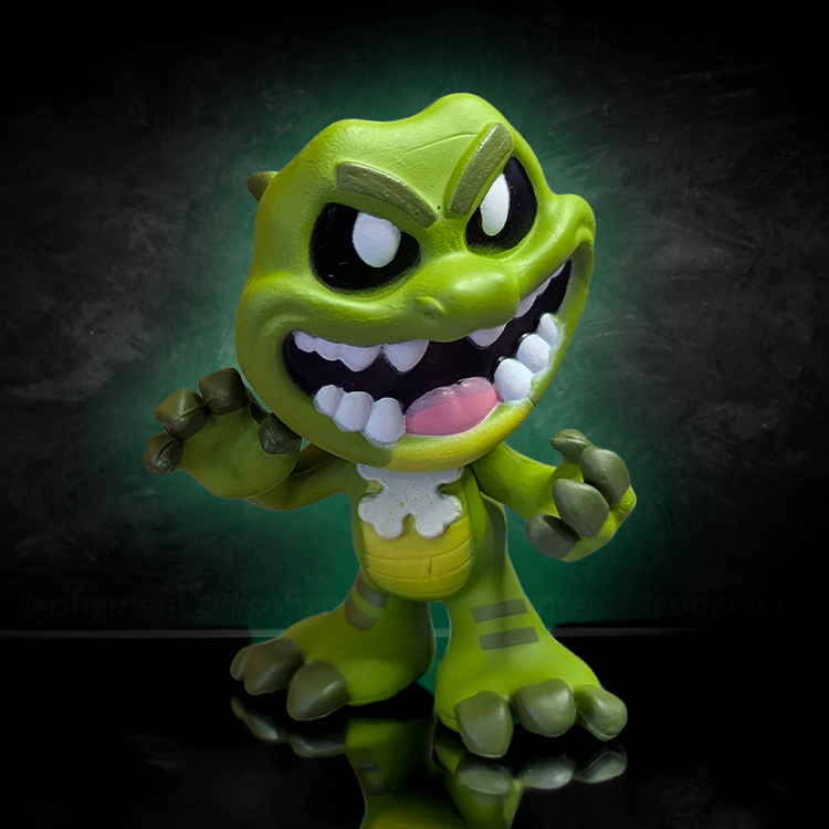 Go Figment Nightmare Critters Series 4 mini figure with green dinosaur-like character and fierce expression on dark background