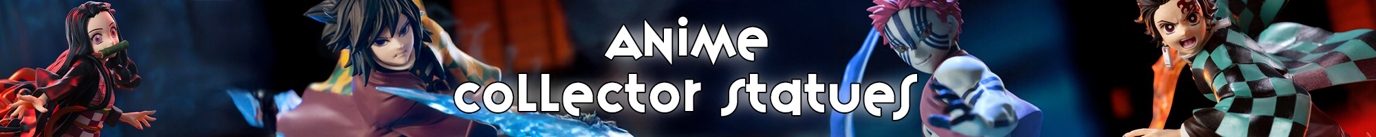 Collection of detailed anime character statues posed against a dark background with dynamic lighting effects