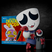 Collectible figure from The Amazing Digital Circus Costume Adventure Series by Animinz with oversized mask and red bow detail