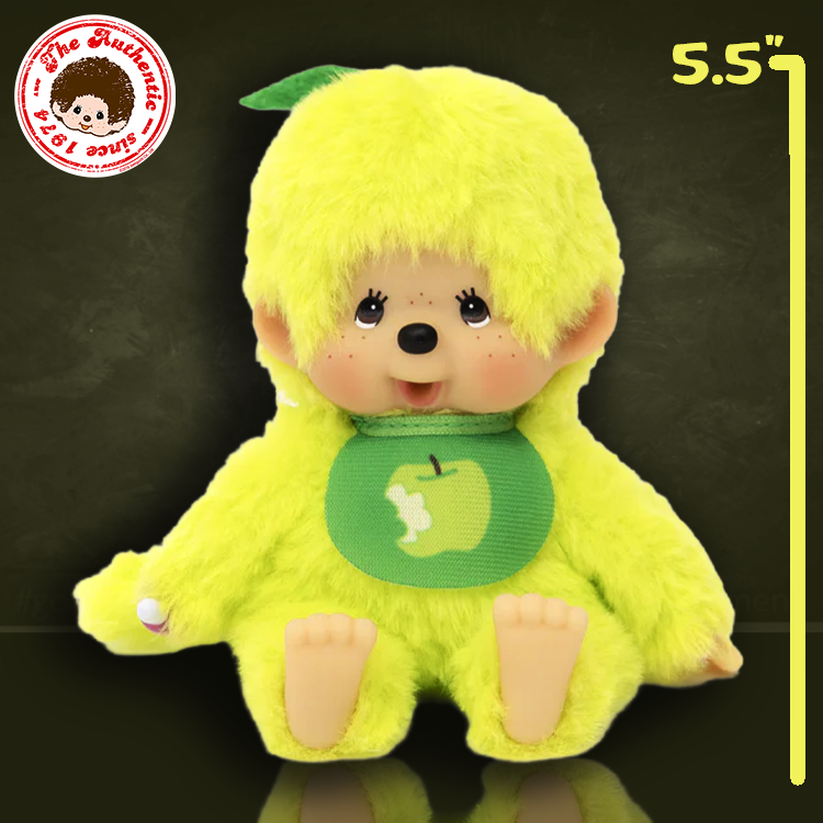 Sekiguchi Monchhichi 5.5" plush monkey in bright apple green with soft body and bib featuring bitten apple design.