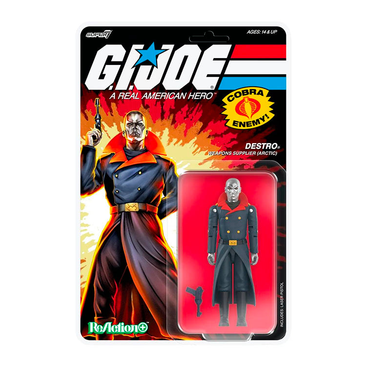 Hasbro G.I. Joe Arctic Destro action figure with pistol and 9 articulation points in vintage style packaging