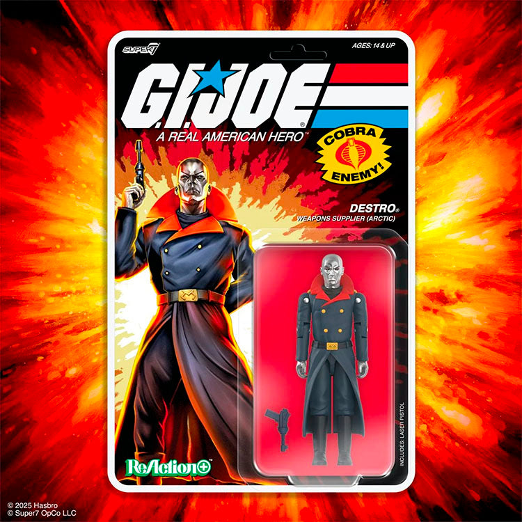Hasbro G.I. Joe Arctic Destro ReAction+ figure with pistol, metallic details, and O-ring articulation in blister packaging.