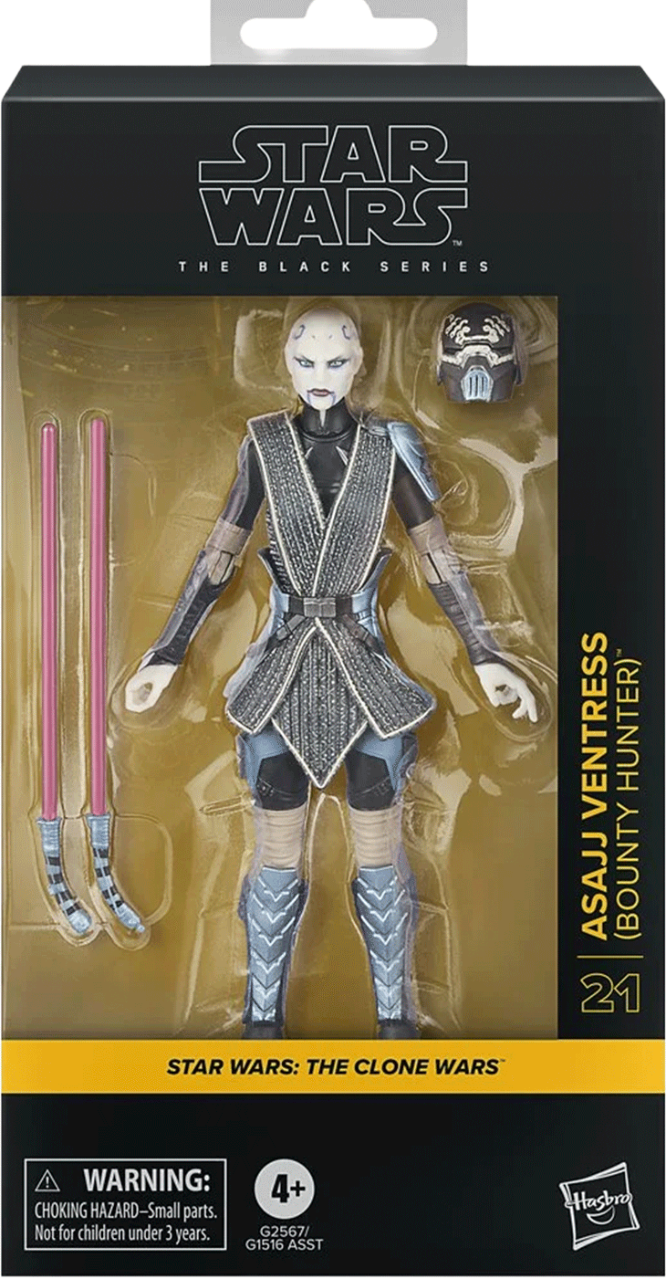 Hasbro Star Wars Black Series Asajj Ventress 6-inch figure with dual red lightsabers and alternate mask in packaging