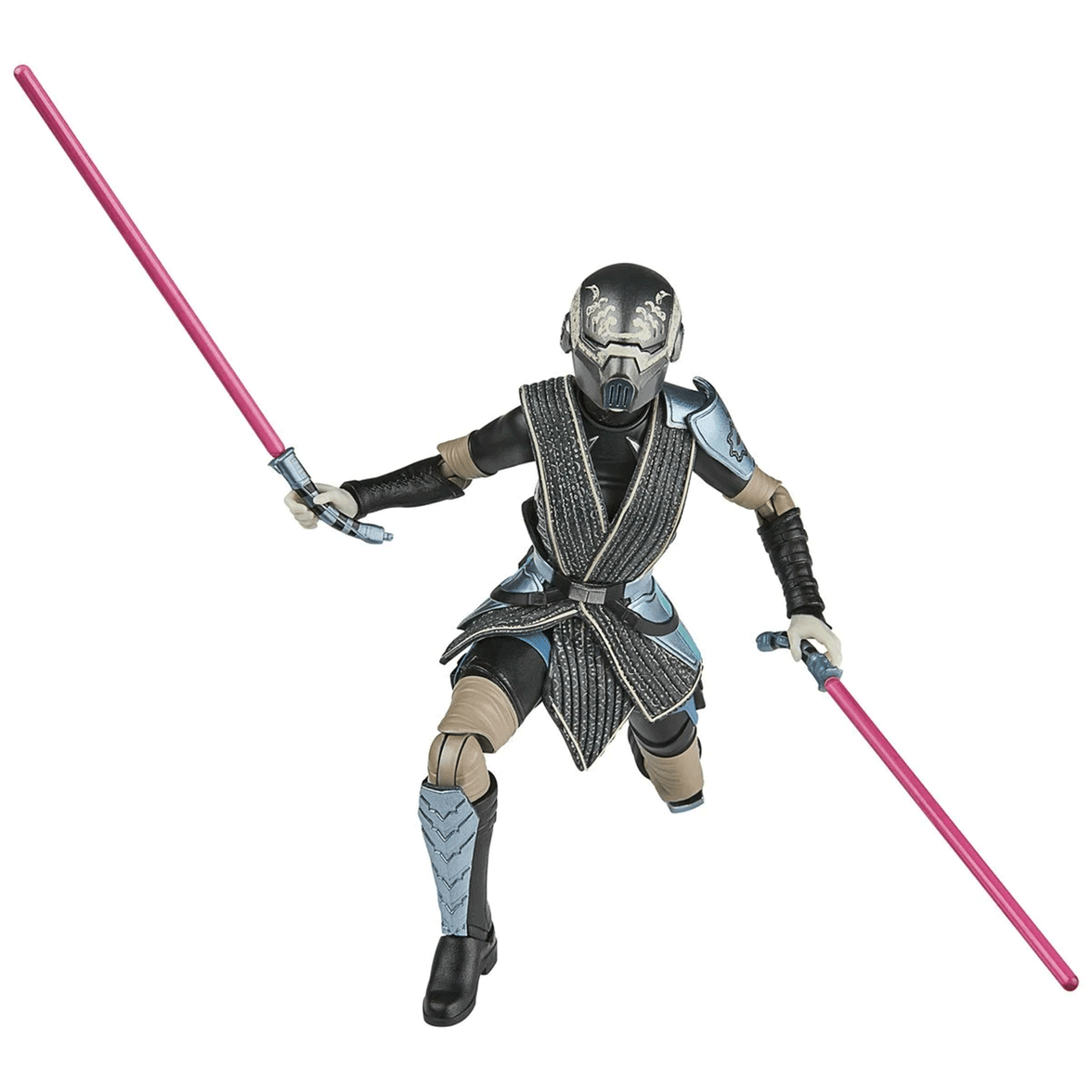 Hasbro Star Wars Black Series 6-inch figure in armored outfit wielding two angled pink energy swords in battle pose