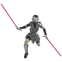 Hasbro Star Wars Black Series 6-inch figure in armored outfit wielding two angled pink energy swords in battle pose
