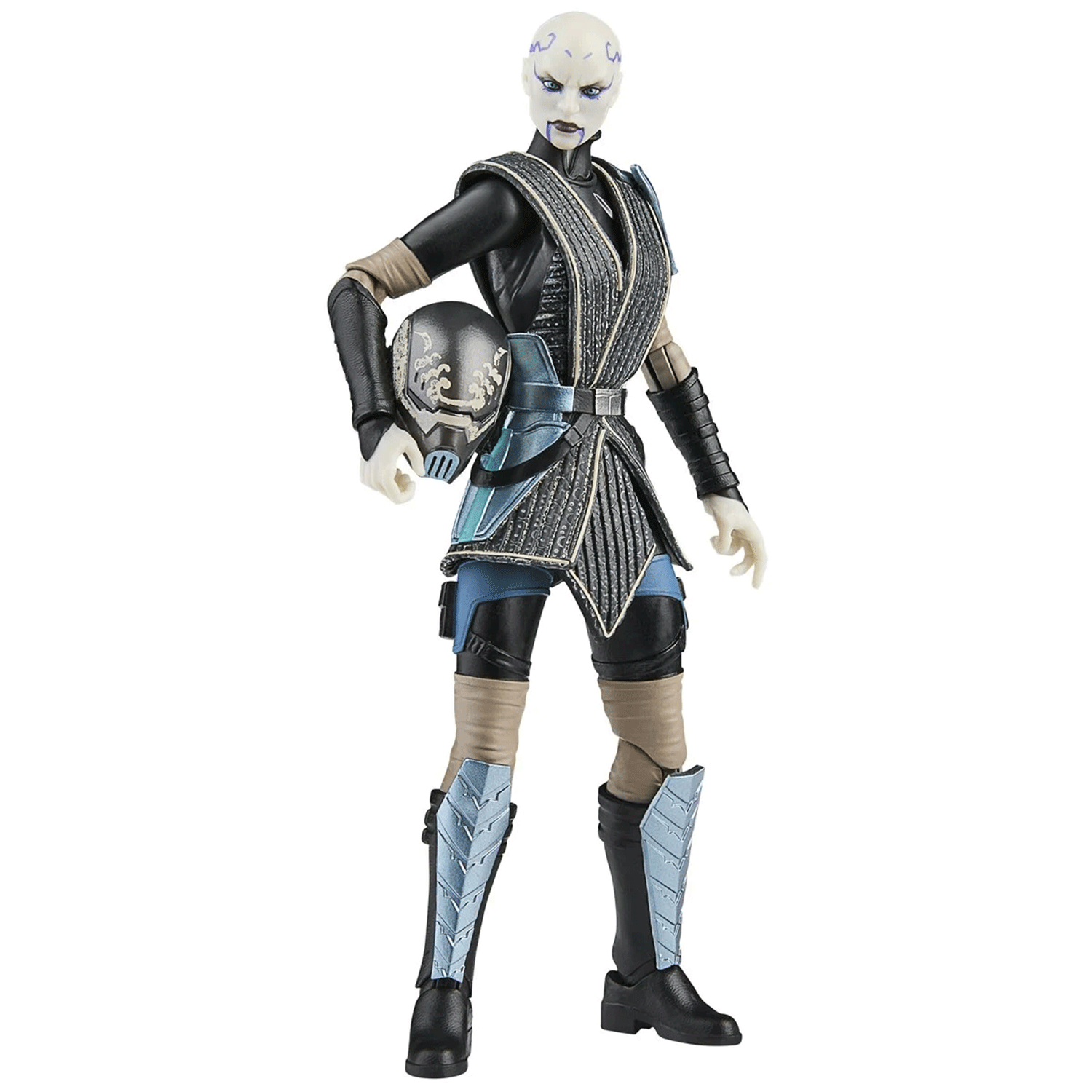 Hasbro Star Wars Black Series 6-inch Asajj Ventress figure holding detailed helmet in battle-ready pose