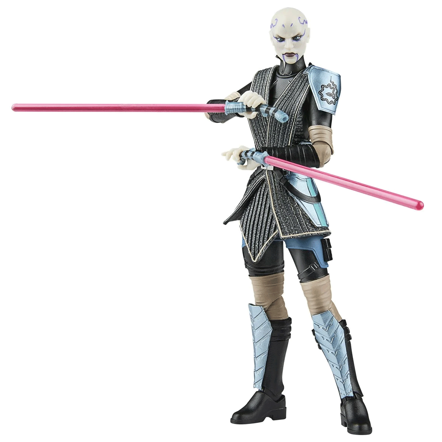 Hasbro Star Wars Black Series Asajj Ventress figure posed with dual extended pink lightsabers and detailed armor
