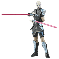Hasbro Star Wars Black Series Asajj Ventress figure posed with dual extended pink lightsabers and detailed armor