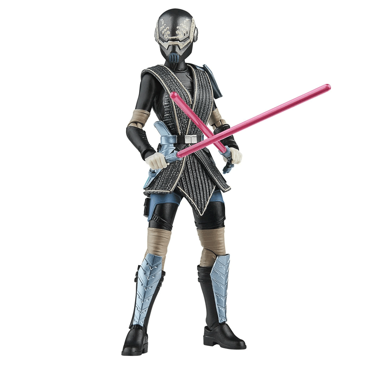 Hasbro Star Wars Black Series 6-inch Asajj Ventress figure with black and silver armor holding crossed pink energy swords