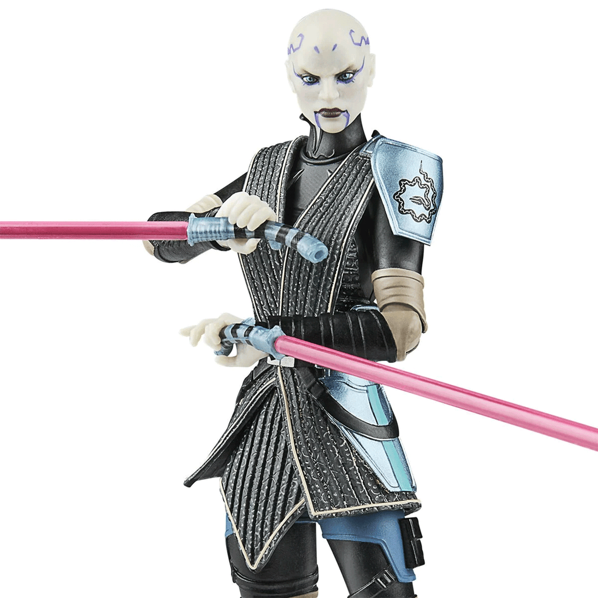 Hasbro Star Wars Black Series 6-inch Asajj Ventress figure posed wielding two pink curved energy swords