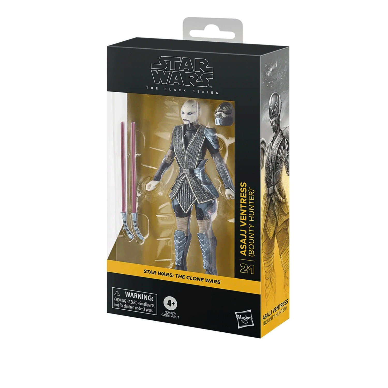 Hasbro Star Wars Black Series Asajj Ventress 6-inch figure with dual red lightsabers and alternate masked head in package