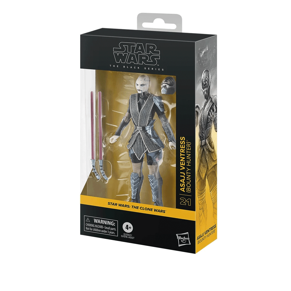 Hasbro Star Wars Black Series Asajj Ventress 6-inch figure with dual red lightsabers and alternate masked head in package