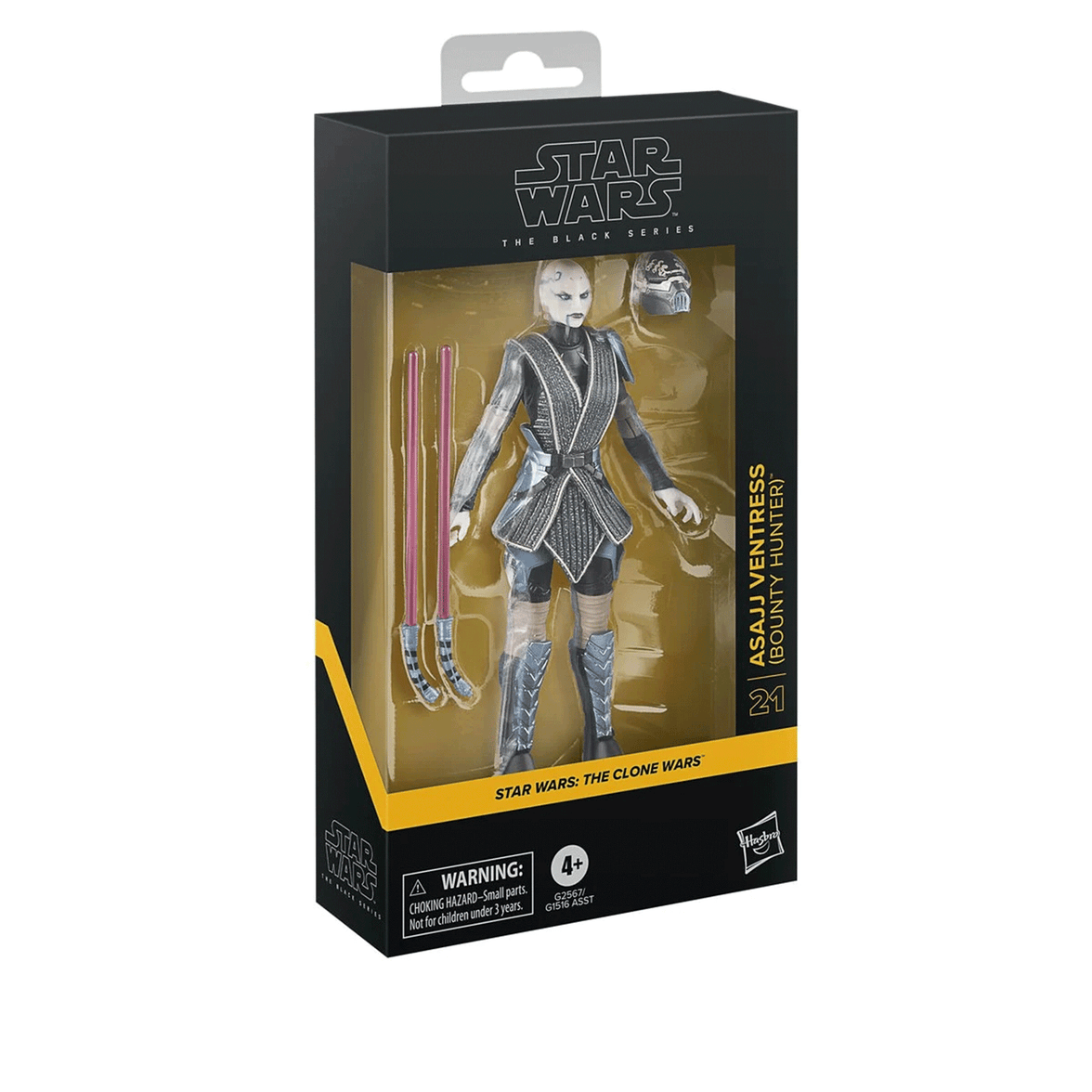 Hasbro Star Wars Black Series Asajj Ventress 6-inch figure with dual curved red lightsabers in window box packaging