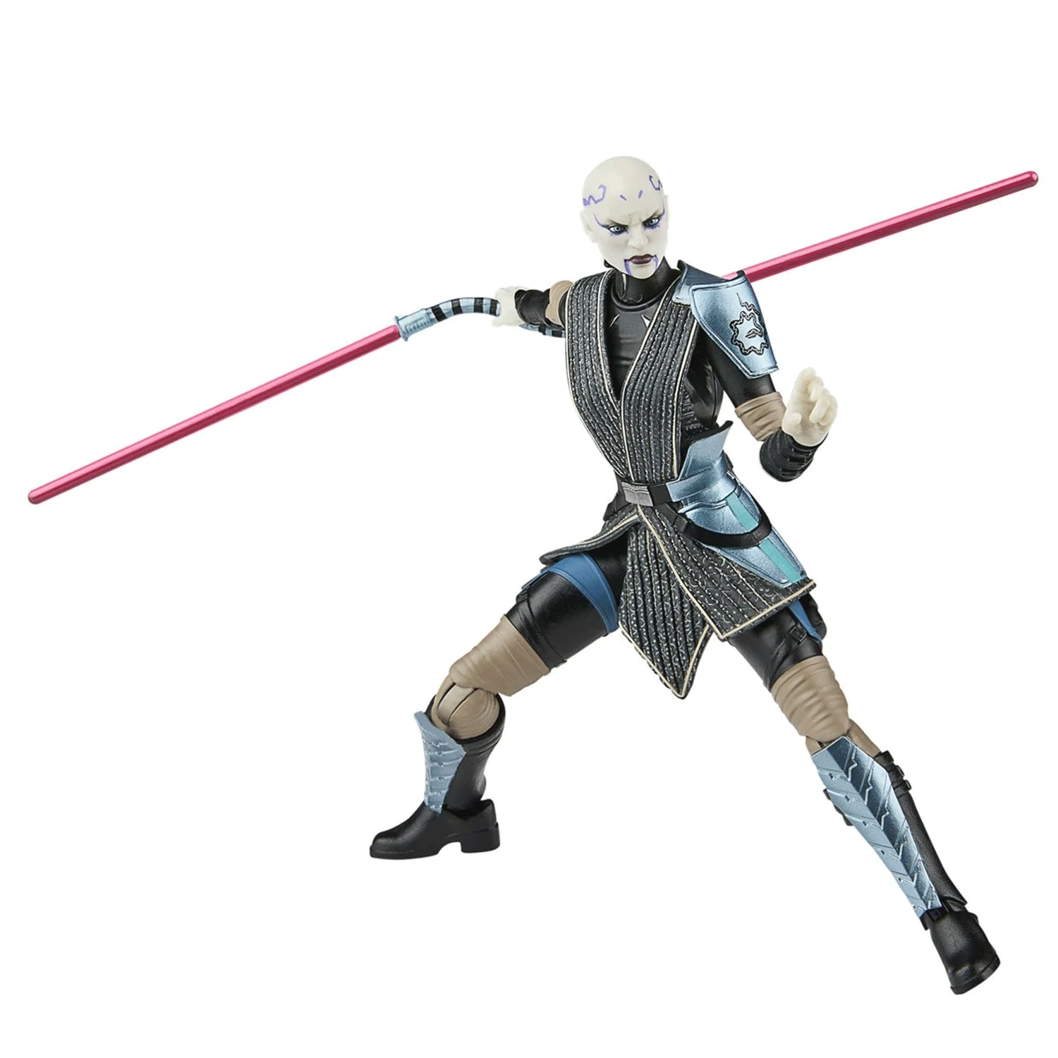 Hasbro Star Wars Black Series Asajj Ventress 6-inch figure posed with dual red curved lightsabers and detailed armor