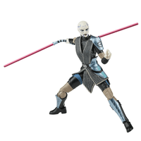 Hasbro Star Wars Black Series Asajj Ventress 6-inch figure posed with dual red curved lightsabers and detailed armor
