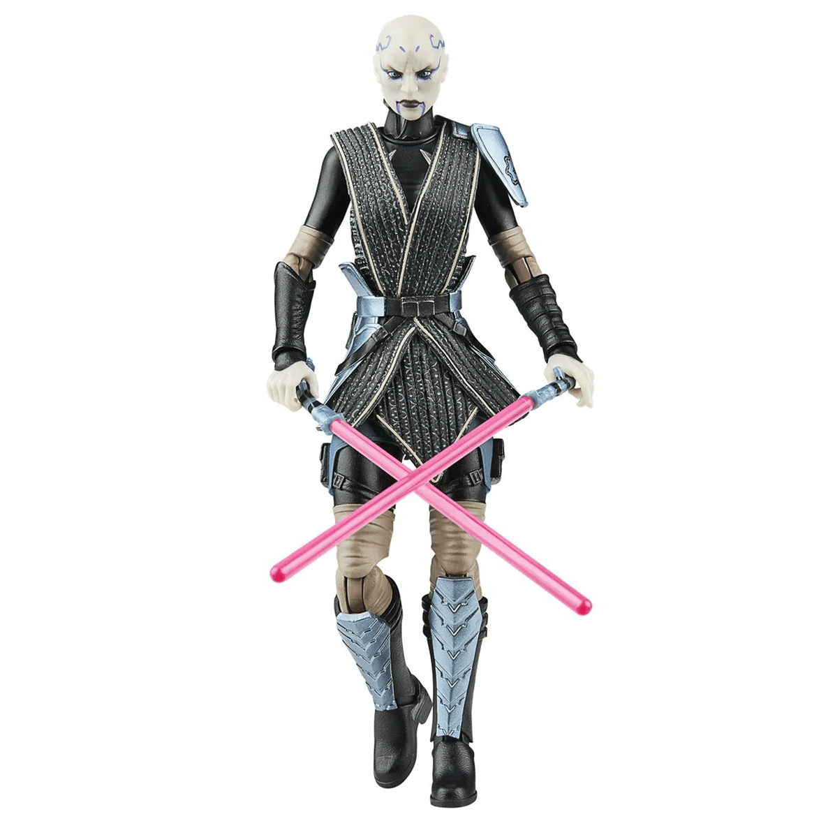 Hasbro Star Wars Black Series Asajj Ventress figure wielding dual crossed pink lightsabers in detailed warrior outfit