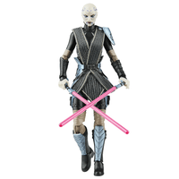 Hasbro Star Wars Black Series Asajj Ventress figure wielding dual crossed pink lightsabers in detailed warrior outfit