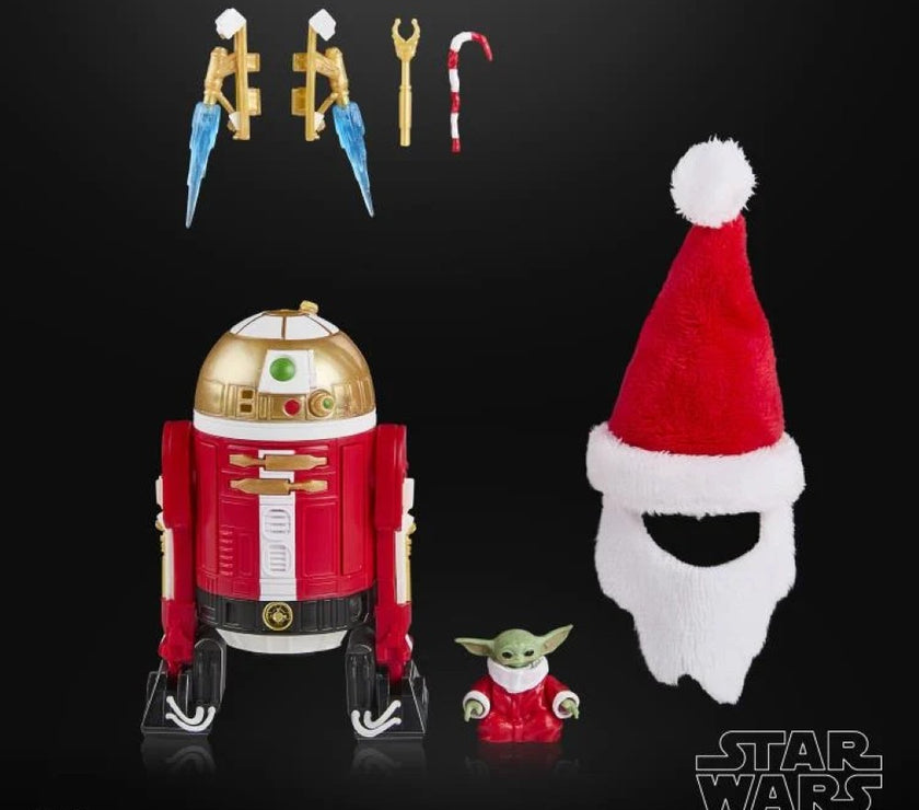Hasbro Star Wars Black Series holiday astromech droid with weapons, Baby Yoda figure, and Santa hat accessory set
