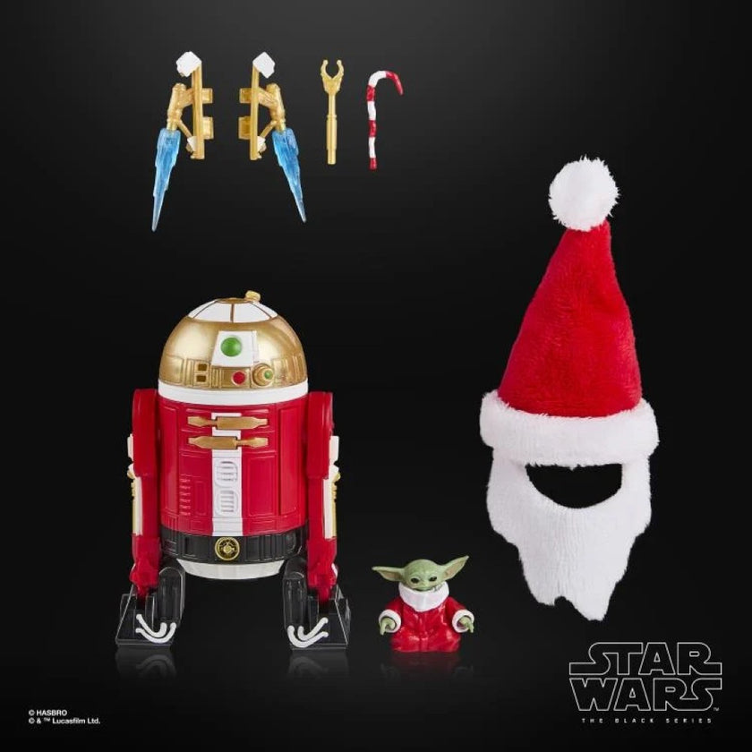 Hasbro Star Wars Black Series holiday astromech droid with weapons, Baby Yoda figure, and Santa hat accessory set