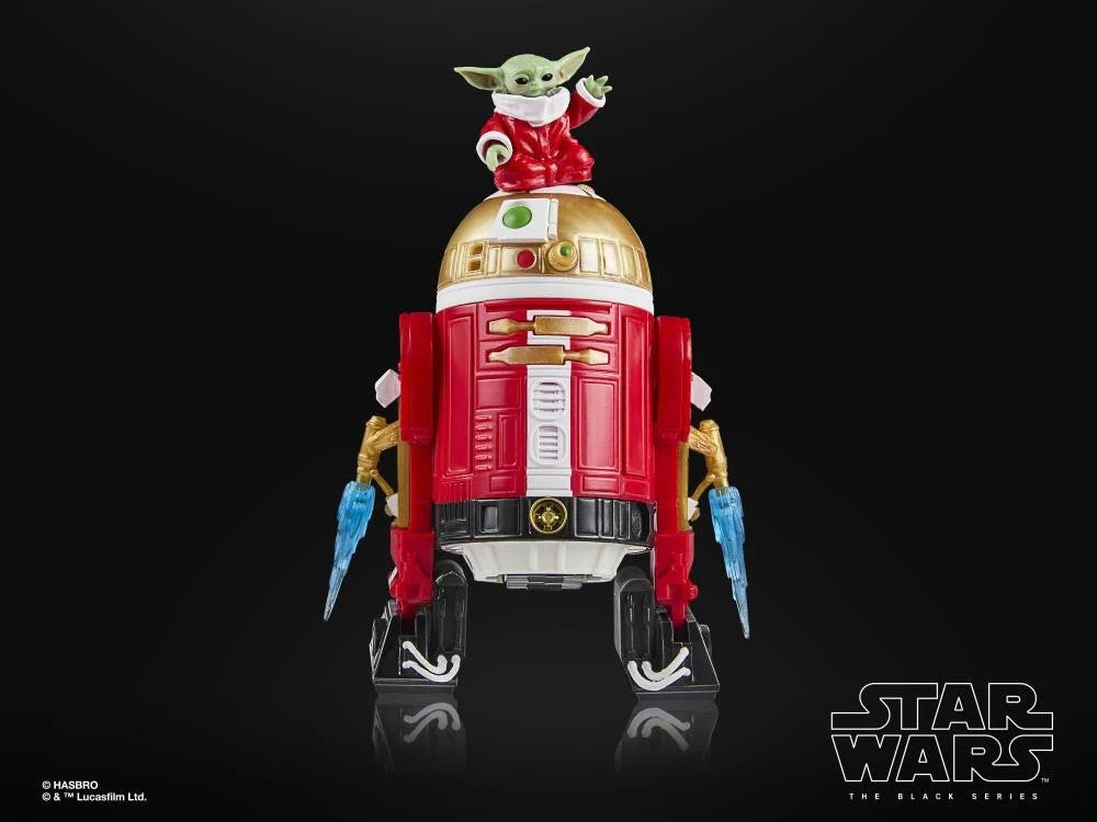 Hasbro Star Wars Black Series Holiday Edition Astromech Droid with festive red and gold design and Grogu figure on top