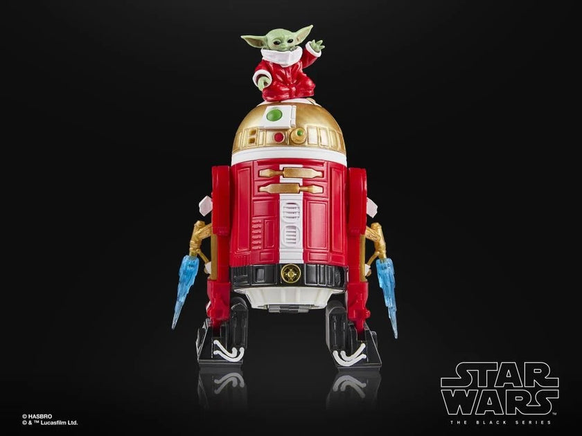 Hasbro Star Wars Black Series Holiday Edition Astromech Droid with festive red and gold design and Grogu figure on top
