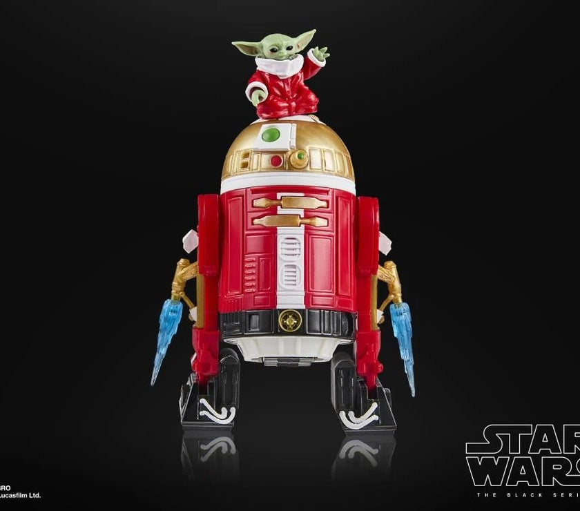 Hasbro Star Wars Black Series Holiday Edition Astromech Droid with festive red and gold design and Grogu figure on top