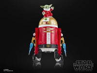 Hasbro Star Wars Black Series Holiday Edition Astromech Droid with festive red and gold design and Grogu figure on top