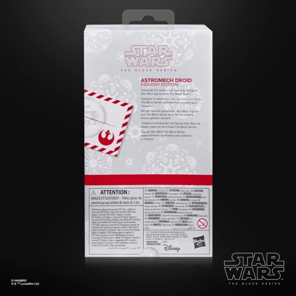 Back view of Hasbro Star Wars Black Series Astromech Droid Holiday Edition action figure packaging on black background