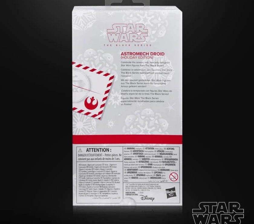 Back view of Hasbro Star Wars Black Series Astromech Droid Holiday Edition action figure packaging on black background