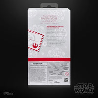 Back view of Hasbro Star Wars Black Series Astromech Droid Holiday Edition action figure packaging on black background